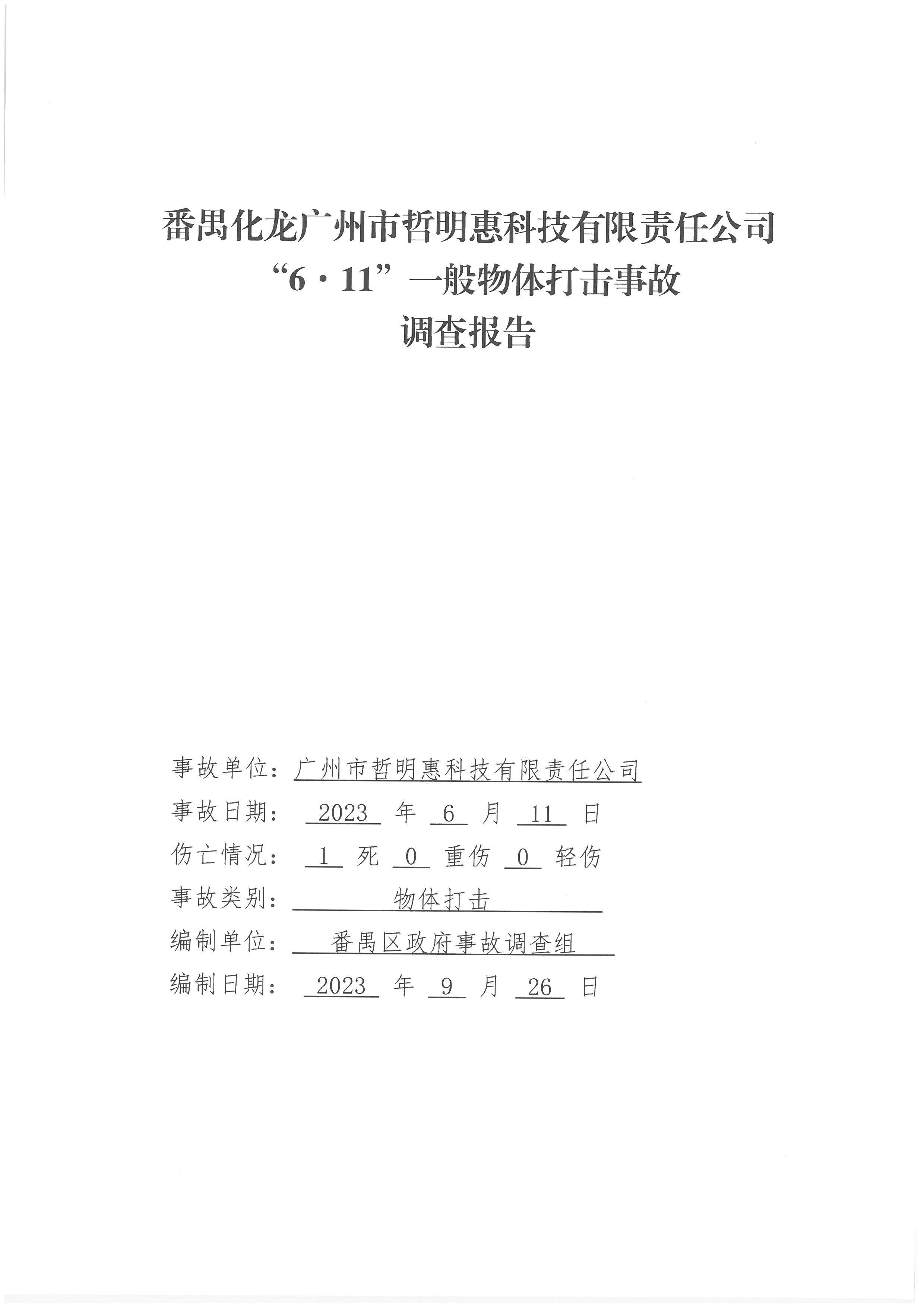 番禺化龍廣州市哲明惠科技有限責任公司“6·11”一般物體打擊事故調查報告