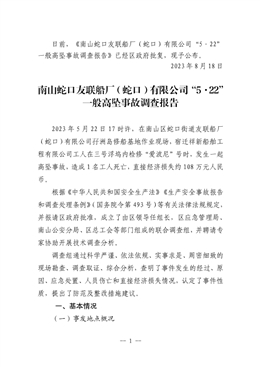 南山蛇口友聯(lián)船廠（蛇口）有限公司“5·22”一般高墜事故調(diào)查報(bào)告