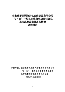 寶安燕羅深圳市天佑泰紡織品有限公司“3·16”一般其它傷害事故責(zé)任追究及防范整改措施落實情況評估報告