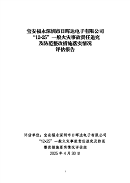 寶安福永深圳市日暉達電子有限公司“12?25”一般火災(zāi)事故責(zé)任追究及防范整改措施落實情況評估報告