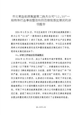 市北青島能源集團第二熱力公司“12.30”一般物體打擊事故評估報告