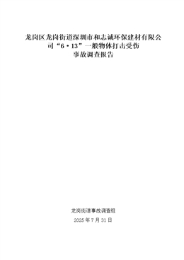 龍崗區龍崗街道深圳市和志誠環保建材有限公司“6·13”一般物體打擊受傷事故調查報告