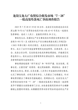 龍崗寶龍某綜合批發(fā)市場(chǎng)“7·28”一般高處墜落死亡事故調(diào)查報(bào)告