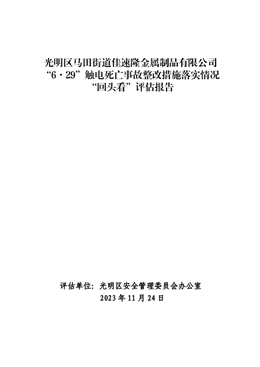 光明區(qū)馬田街道佳速隆金屬制品有限公司“6·29”觸電死亡事故整改措施落實情況“回頭看”評估報告