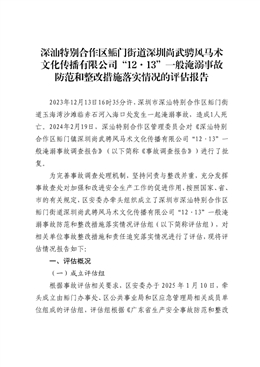 深汕特別合作區鲘門街道深圳尚武騁風馬術文化傳播有限公司“12·13”一般淹溺事故防范和整改措施落實情況的評估報告