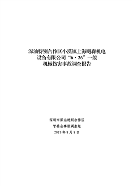 深汕特別合作區小漠鎮上海颶淼機電設備有限公司“6·26”一般機械傷害事故調查報告