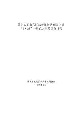 萊蕪方下山東辰泰金屬制有限公司“7·28”一般亡人事故調查報告