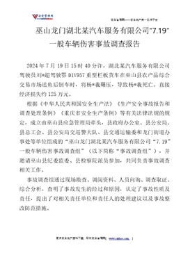 巫山龍門湖北某汽車服務有限公司“7.19”一般車輛傷害事故調查報告