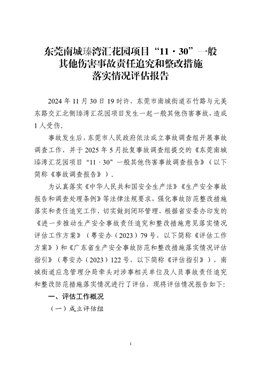 東莞南城瑧灣匯花園項目“11·30”一般其他傷害事故責任追究和整改措施落實情況評估報告