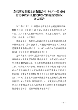 東莞塘廈森聚金屬有限公司“5·15”一般機械傷害事故責任追究和整改措施落實情況評估報告
