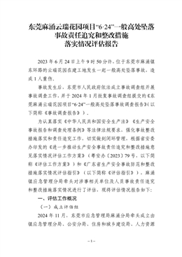 東莞麻涌云瑞花園項目“6·24”一般高處墜落事故責任追究和整改措施落實情況評估報告