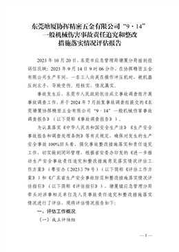 東莞塘廈協揮精密五金有限公司“9·14”一般機械傷害事故責任追究和整改措施落實情況評估報告
