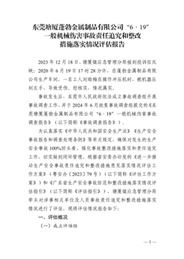 東莞塘廈蓬勃金屬制品有限公司“6·19”一般機械傷害事故責任追究和整改措施落實情況評估報告