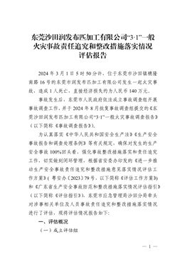 東莞沙田潤發布匹加工有限公司“3·1”一般火災事故責任追究和整改措施落實情況評估報告