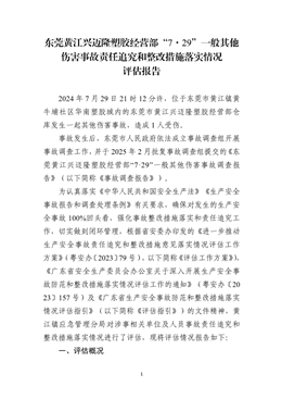 東莞黃江興邁隆塑膠經營部“7·29”一般其他傷害事故責任追究和整改措施落實情況評估報告