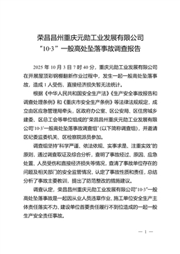 榮昌昌州重慶元勛工業發展有限公司“10·3”一般高處墜落事故調查報告