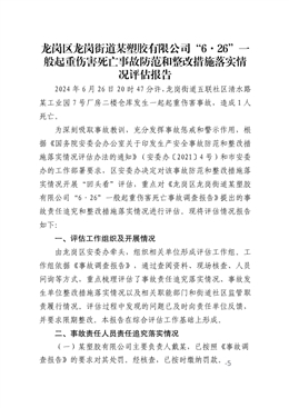 龍崗區龍崗街道某塑膠有限公司“6·26”一般起重傷害死亡事故防范和整改措施落實情況評估報告
