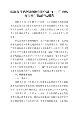 深圳市丹平冷鏈物流有限公司“1·12”物體打擊死亡事故評估報告