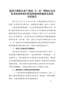 龍崗平湖“6·25”物體打擊受傷事故調查報告防范和整改措施落實情況評估報告